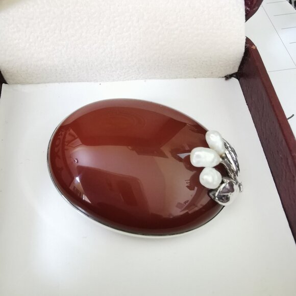 Antique Sterling Silver Signed Carnelian with Pearls Brooch - Picture 14 of 14